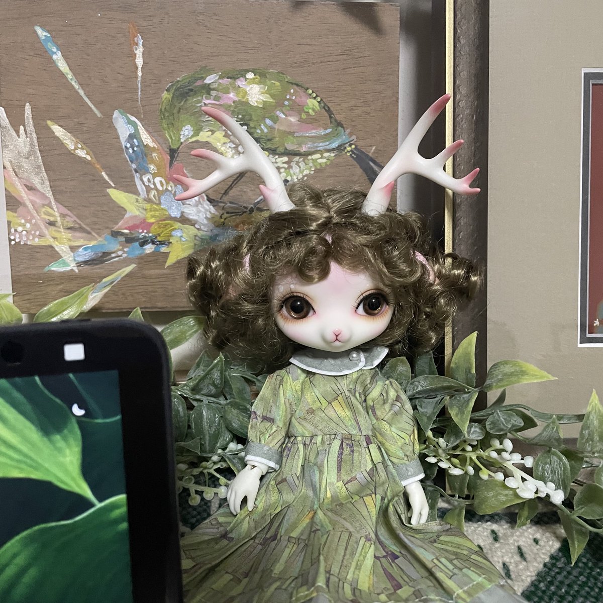 anokonoe322's tweet photo. ローズちゃん。顔が見たくなったのでごちゃごちゃしたところにいてもらってます。お洋服が緑なので周りに馴染んでるせいか、デカ目の圧も控えめ。
#kreamdoll https://t.co/G3mDo8vTyK