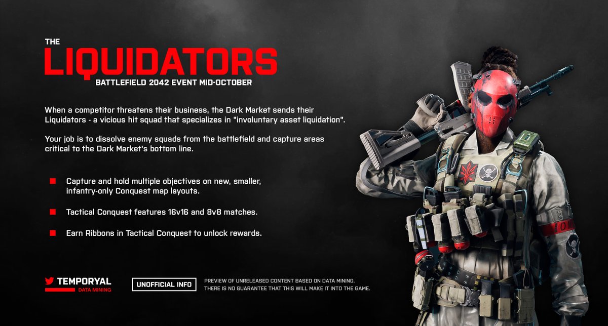 temporyal's tweet photo. Here is what I know about the upcoming "The Liquidators" event in #Battlefield2042:
β¦οΈ Includes new Conquest map layouts
β¦οΈ 8v8 or 16v16 (called "Tactical Conquest")
β¦οΈ Rewards unlock by earning ribbons
More details plus Sundance and her epic "Steady Drill" skin for the AK-24: https://t.co/Go8HD7htGH