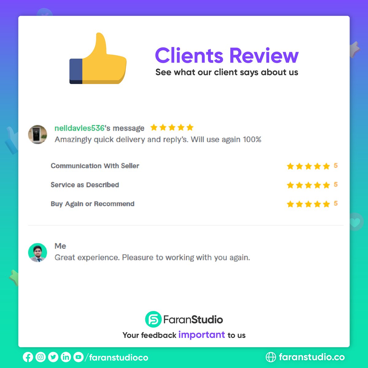 faranstudioco's tweet photo. 👍 At the end of the day, our goal is to make our customers happy. We're so grateful when they take the time to leave us a review.

🎯 We made a Video ad. An Impressive ad. Watch and see 👀

#videoads #feedback #freelancer https://t.co/Xl1R0HbMjK