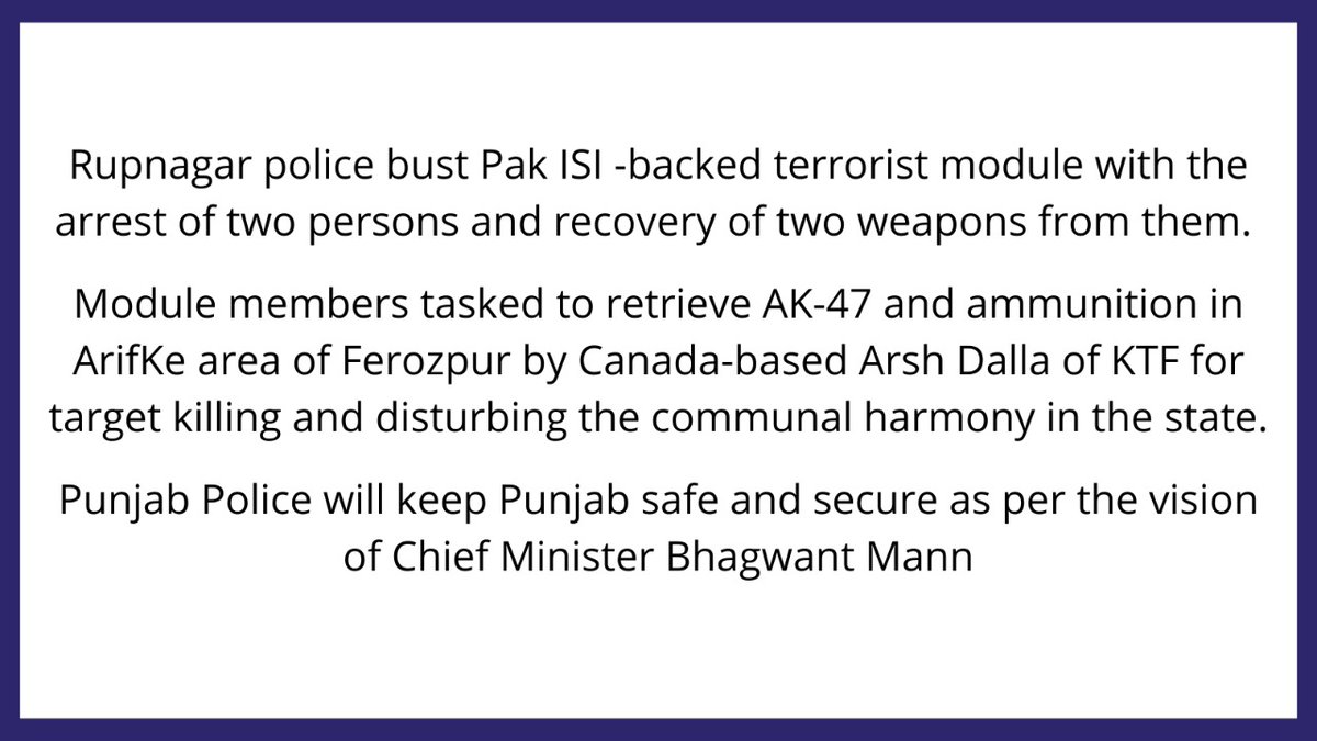 .@RupnagarPolice bust #Pak #ISI - backed terrorist module with arrest of 2 persons & recovery of 2 weapons Module members tasked to retrieve AK-47 & ammunition in ArifKe area of #Ferozpur by #Canada-based Arsh Dalla of #KTF for target killing and disturbing the communal harmony