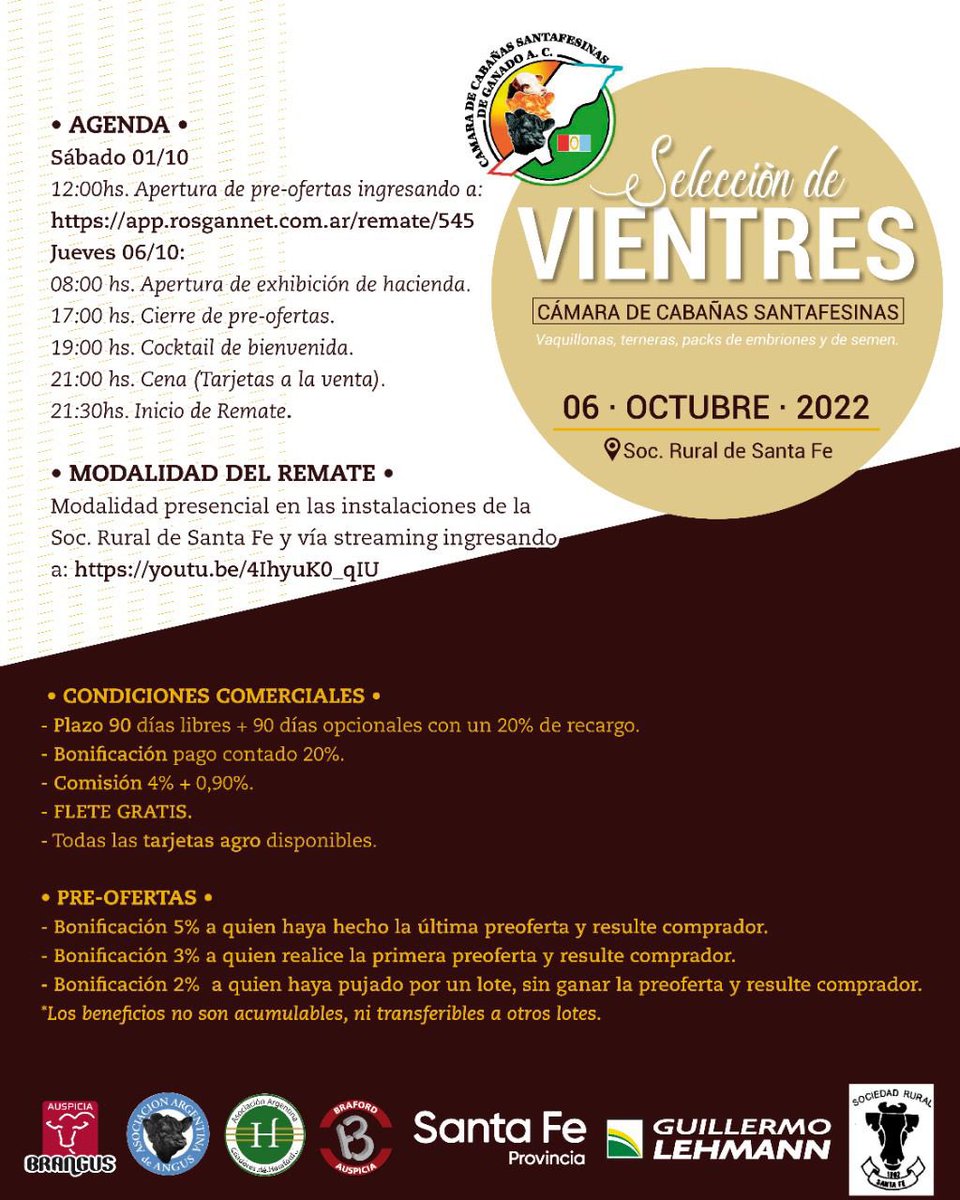 Próximo jueves 6/10: REMATE DE SELECCIÓN DE VIENTRES en la <a href="/SocRuralSantaFe/">Soc Rural Santa Fe</a> junto a <a href="/CamaraCSF/">Cabañas Santafesinas de Ganado</a> y <a href="/La_Lehmann/">Cooperativa Guillermo Lehmann</a> 

PRE-OFERTAS HABILITADAS!