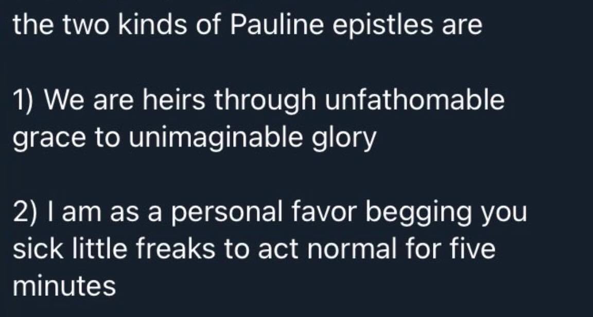 MarkTidsworth's tweet photo. If your Bible Study group is studying a Pauline epistle today, this might help with interpretation....😄
Happy worship day to you https://t.co/UzTEF2qjtr