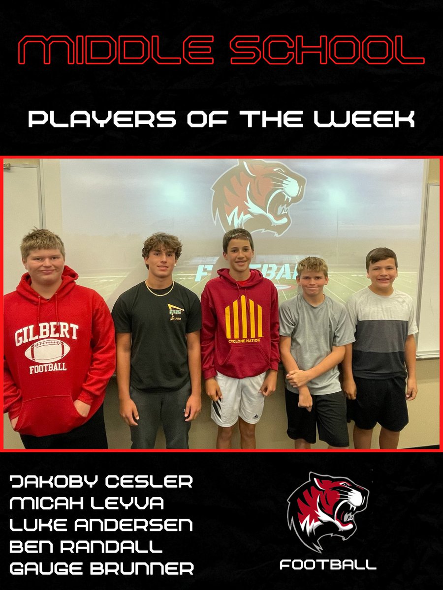 Gilbert__FB's tweet image. 🔥🏈MIDDLE SCHOOL PLAYERS OF THE WEEK!!🔥🏈

Jakoby, Micah, Luke, Ben, and Gauge were our special guests last week at Team Meal as the MS Players of the Week!!

They will join us on the sidelines at our next home game during pre-game warm-ups!

Congratulations! 💪💪