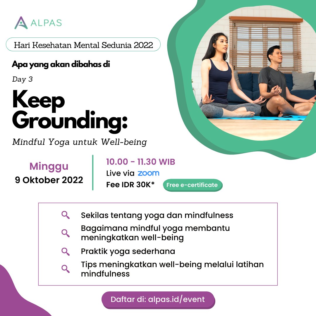 disyarinda's tweet photo. Yuk berdiskusi sambil berdonasi!

Menyambut Hari Kesehatan Mental Sedunia, Alpas menghadirkan beberapa webinar yang bisa kamu ikuti tentang overthinking dan ada latihan yoga juga 💖

Daftar di: https://t.co/OiZIaJcSuN
Seluruh biaya akan didonasikan. See you gaes ✨ https://t.co/mWuVeDfO7p