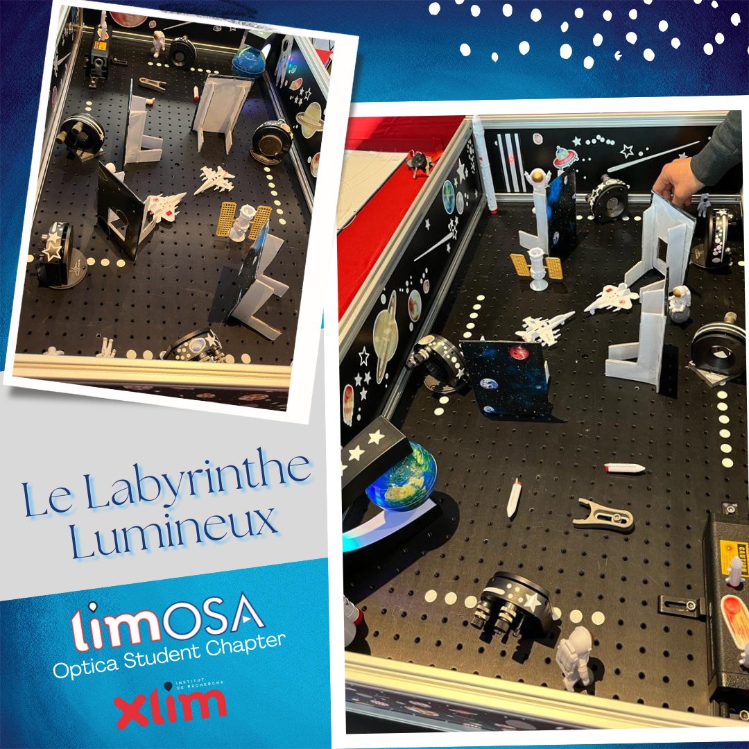 LimOptixChapter's tweet photo. Notre #LimOSA Optica Student Chapter a été present pour la nuit européenne des chercheurs #NEC_2022.
C’était une excellente opportunité de faire découvrir au grand public « la science de la lumière » à travers notre Labyrinthe Lumineux. @InstitutXLIM @OpticaWorldwide https://t.co/F3zWxVt40j