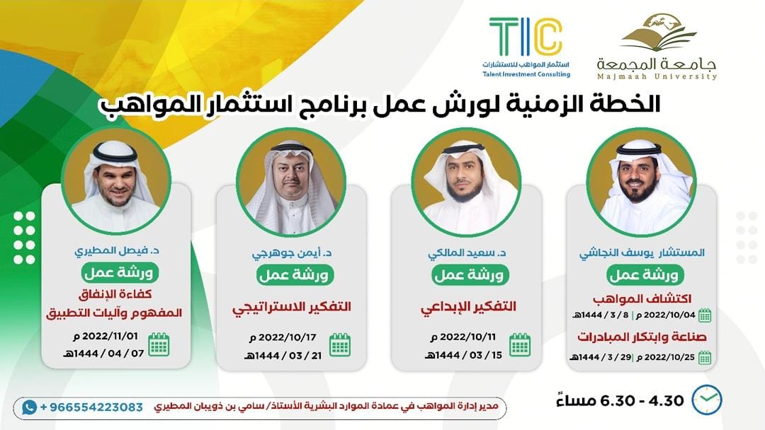 #جامعة_المجمعة
تعتزم #عمادة_الموارد_البشرية ممثلة بإدارة المواهب إعلان الخطة الزمنية لورش عمل برنامج استثمار المواهب والتي تهدف الى تحقيق التوظيف الأمثل للمرشحين.