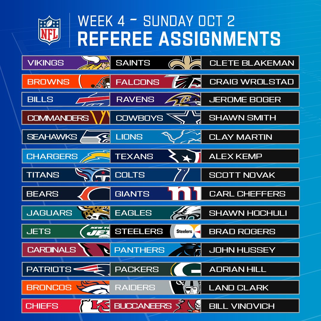 NFLOfficiating's tweet photo. Referee assignments for Week 4 Sunday matchups. https://t.co/mJA0j3dzf2