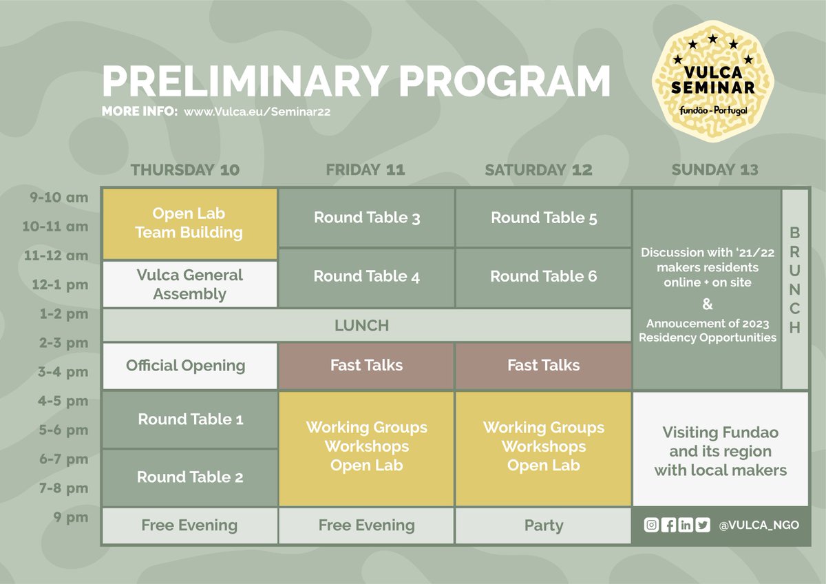 Vulca_ngo's tweet photo. 🇵🇹 We are happy to share the framework of #VulcaSeminar 2022 🇵🇹
There will be 3 main activities:
#RoundTables - share views of different topics with your peers
#FastTalks - tell us more about your past or on-going project
#Workshops - show us what you are passionated about https://t.co/7XOueKA0J9