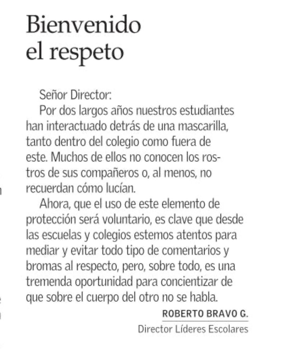 A propósito del uso voluntario de las mascarillas en nuestras escuelas y colegios, les dejo mi carta al director de este domingo en <a href="/ElMercurio_cl/">elmercurio_cl</a>
