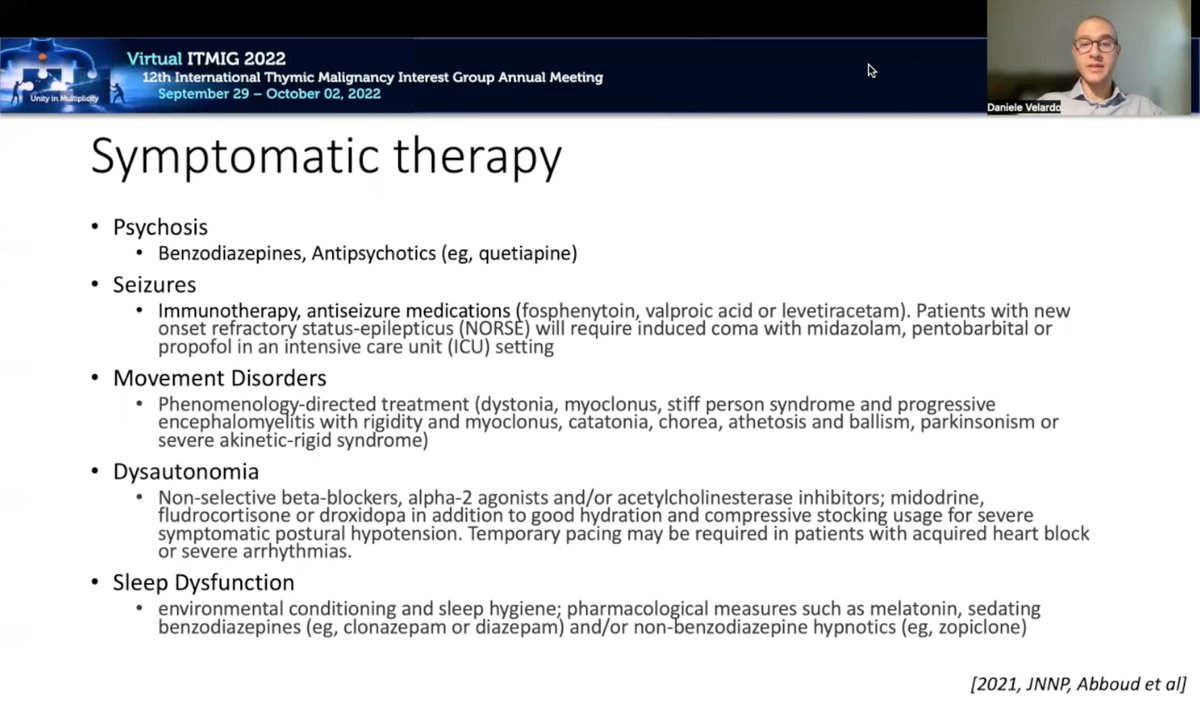 chulkimMD's tweet photo. Last day of 12th #ITMIG annual meeting (@Itmig_society)
Thymic epithelial tumors are rarely a/w CNS autoimmunity
A great talk by Dr. Daniele Velardo
Early & aggressive Tx is key
Characterization of the antibodies is also important https://t.co/Q6bwEi4OJ1