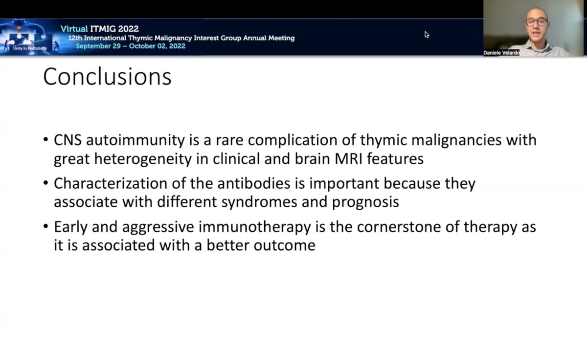 chulkimMD's tweet photo. Last day of 12th #ITMIG annual meeting (@Itmig_society)
Thymic epithelial tumors are rarely a/w CNS autoimmunity
A great talk by Dr. Daniele Velardo
Early & aggressive Tx is key
Characterization of the antibodies is also important https://t.co/Q6bwEi4OJ1