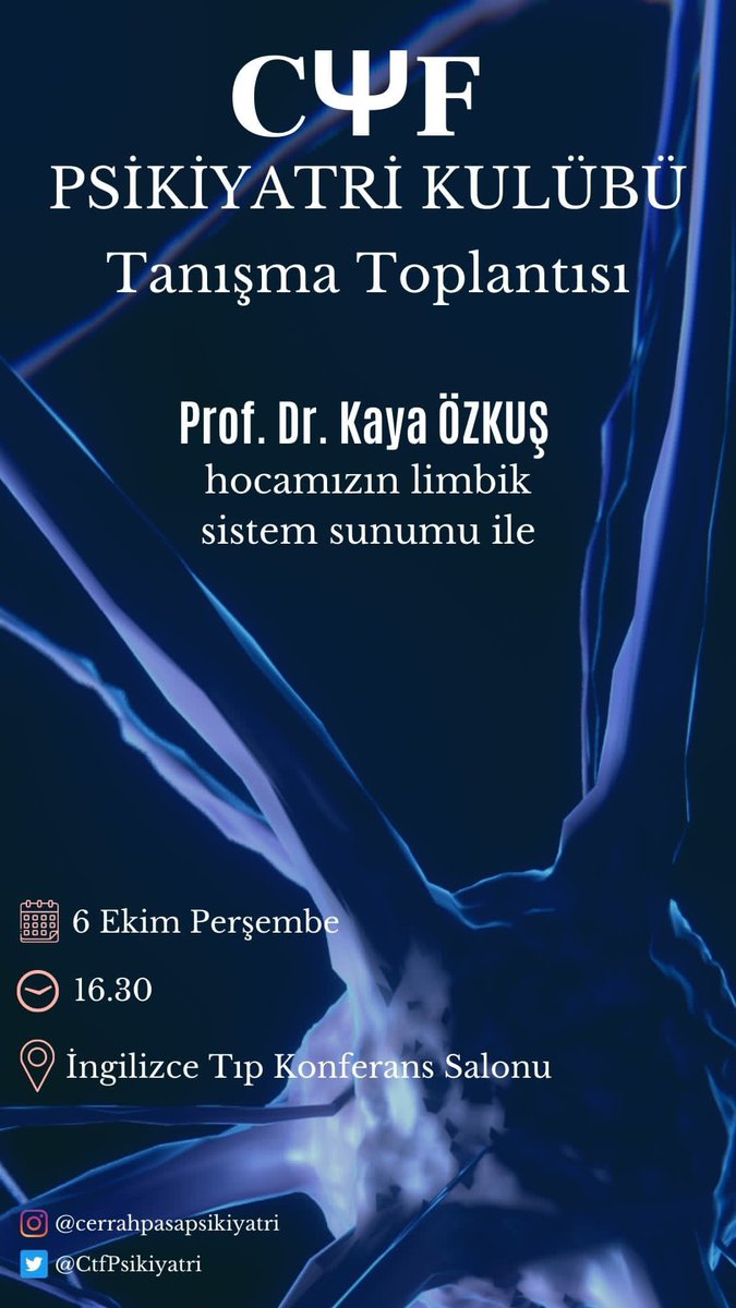 ctfpsikulubu's tweet photo. Herkese merhaba 🤗 Prof. Dr. Kaya ÖZKUŞ hocamızın limbik sistem hakkındaki sunumunu dinlemek için hepinizi 6 Ekim Perşembe günü saat 16.45’te İngilizce Konferans Salonuna bekliyoruz. Psikiyatriye ilgi duyan herkesi aramızda görmekten mutluluk duyarız. @kayaozkus https://t.co/zXi6fvzMu3
