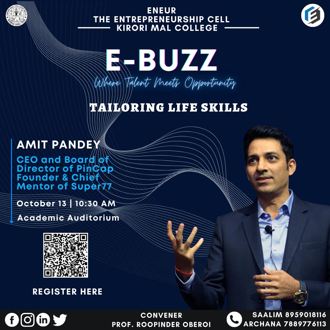 kmc_eneur's tweet photo. "Entrepreneurship is neither a science nor an art. It is a practice."
–Peter Drucker
Eneur- The Entrepreneurship Cell of Kirori Mal College, is thrilled to announce Mr. Amit Pandey, a TEDx speaker, also known as “Human Charger," as one of the eminent speakers of E- Buzz 2022. https://t.co/332tUlB4B3