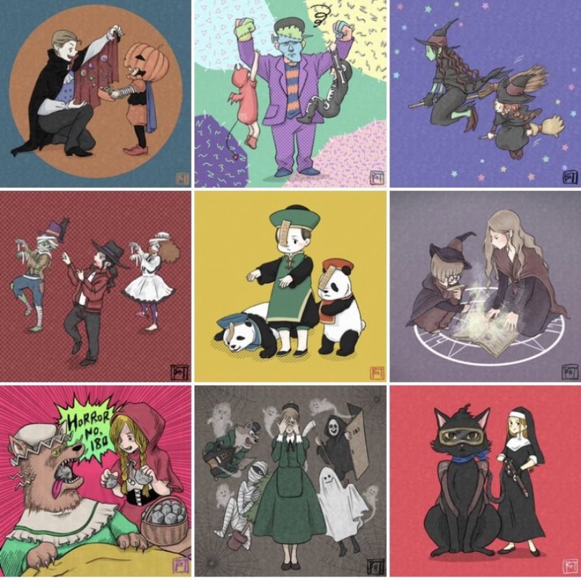 Aiko_de__SHOW's tweet photo. 【aikoよりお知らせ】

🎃ハロウィン作品について🎃

10/8 20:00ハロウィン作品9点
＋とん平ファンアートをlist予定です

私からのハロウィン作品は
これらの作品
＋
#CryptoPassenger展
に出展させて頂きます、
たまに私がPFPとして使用していましたオレンジ背景の魔女っ子 

の全11点となります続く https://t.co/UEvAoSX1EE