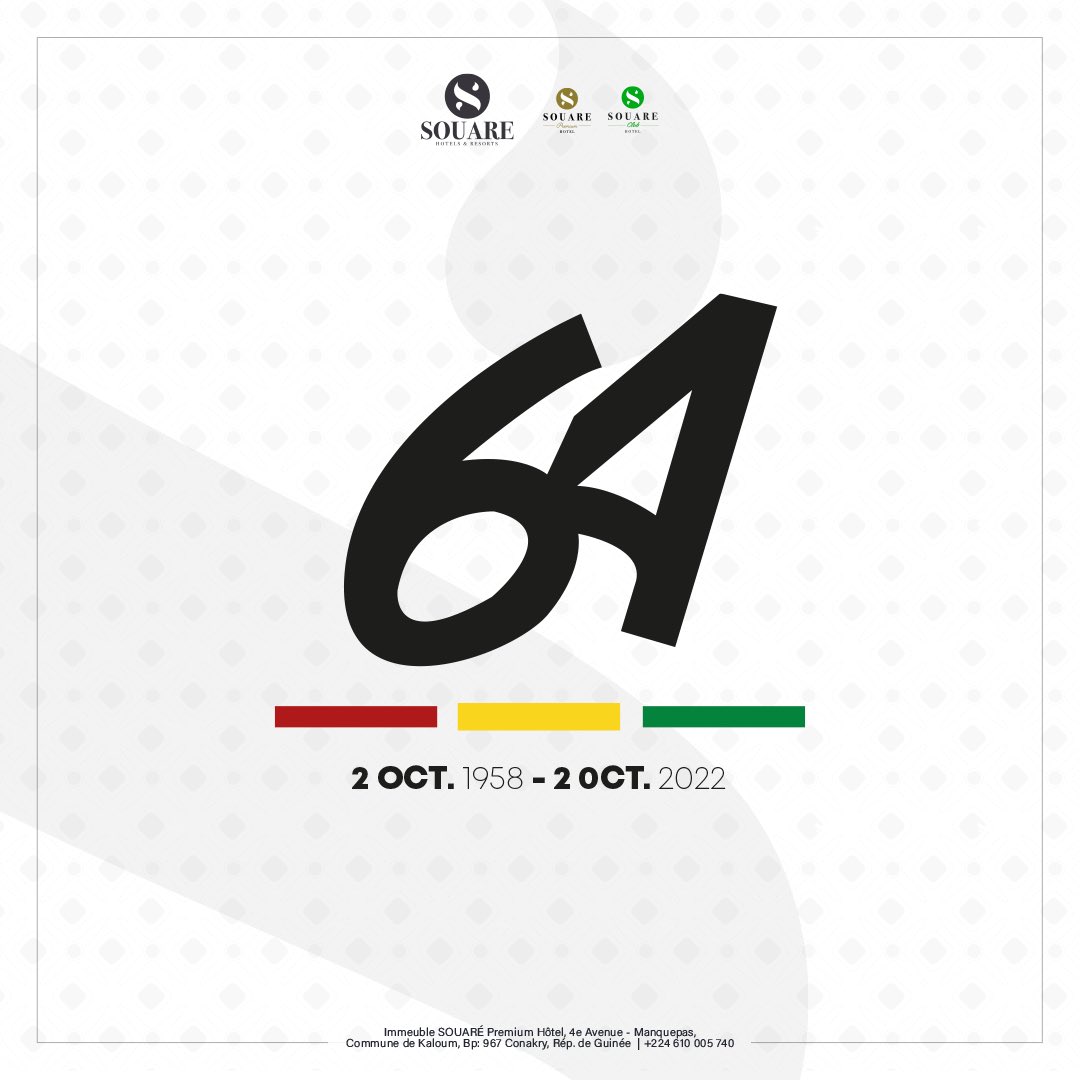SouarePremium's tweet photo. #Guinee64 
𝗝𝗢𝗬𝗘𝗨𝗦𝗘 𝗙𝗘̂𝗧𝗘 de 𝗦𝗢𝗨𝗩𝗘𝗥𝗔𝗜𝗡𝗘𝗧𝗘́ 𝗡𝗔𝗧𝗜𝗢𝗡𝗔𝗟𝗘 au peuple de 𝗚𝗨𝗜𝗡𝗘́𝗘 ❤️💛💚
⇨ https://t.co/eMsjWB7W1B
#SouareHotels ✨ https://t.co/4RBGLVOYyU