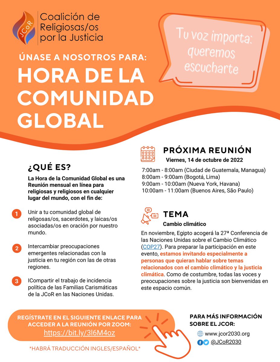 ¡Acompáñanos en la Hora de la Comunidad Global de octubre del #JCoR! 

⭐️Este mes, estamos invitando especialmente a personas que quieran compartir/hablar sobre temas relacionados con el #CambioClimático y la justicia climática⭐️

jcor2030.org/october-global…