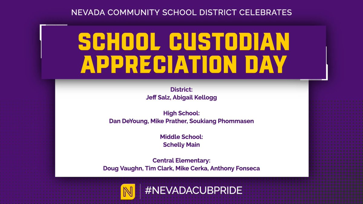 NevadaCSD's tweet photo. Join NCSD in celebrating...
SCHOOL CUSTODIAN APPRECIATION DAY!

We're thankful for all of our wonderful Custodians &amp; Maintenance Staff, and the work they do to keep our buildings in great shape!

#NevadaCubPride https://t.co/y1Ipxdsr4p