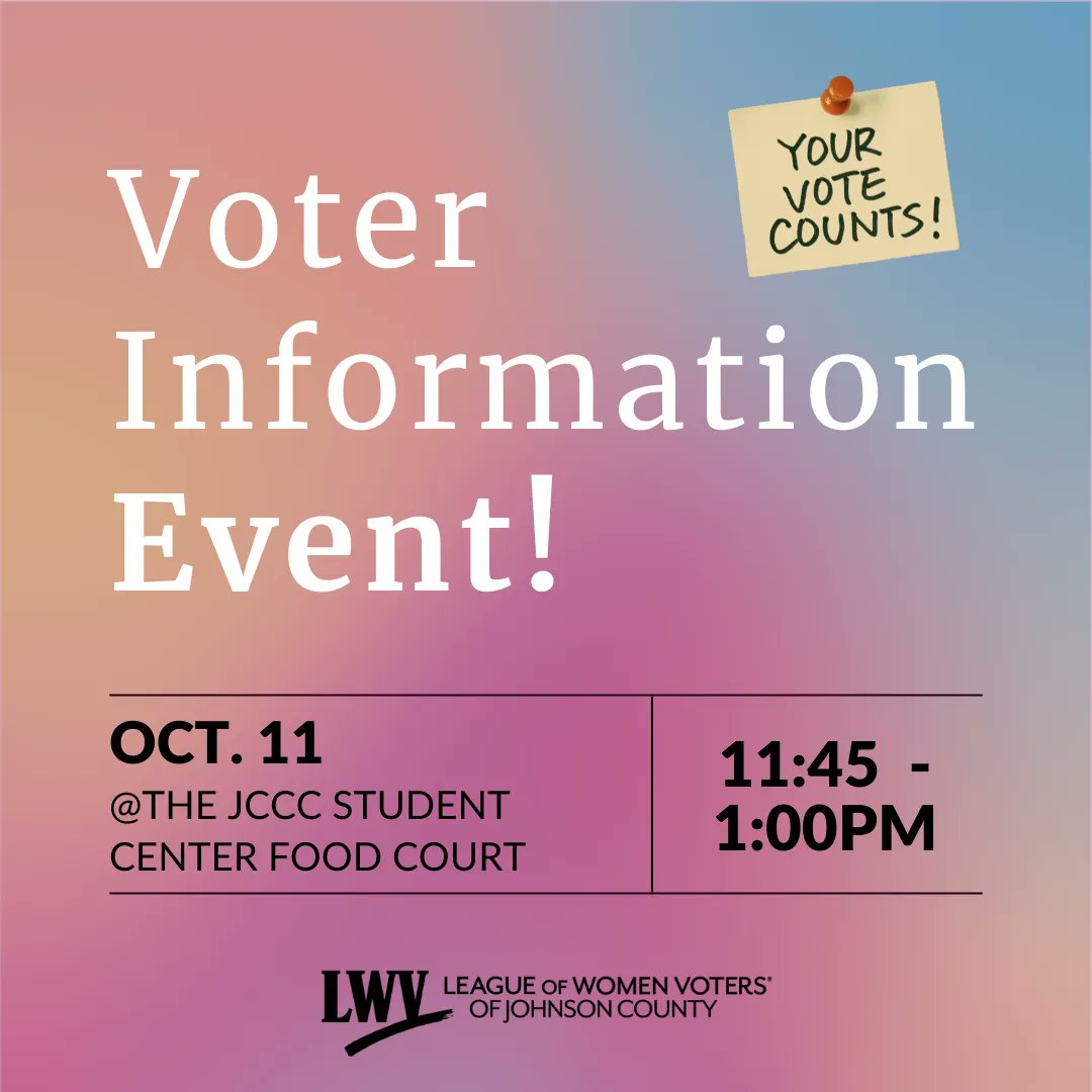 LWVJoCo's tweet photo. We will be at the JCCC Student Center Food Court helping students get information on registering, updating their address, and the voting procedures! 𝗖𝗼𝗺𝗲 𝘀𝗲𝗲 𝘂𝘀!

#LWVJoCo #LWV #VOTE #VoterRegistration #GetOutTheVote
#KansasElections #Midterms2022
#MidtermsMatter #JCCC https://t.co/7lUTiKaQGN