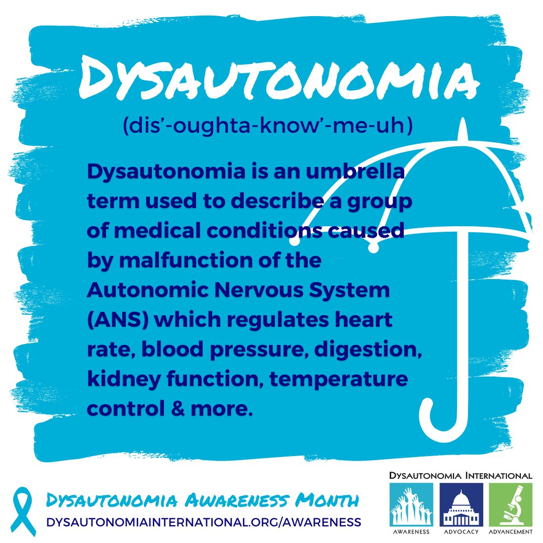 October is #DysautonomiaAwarenessMonth! Dysautonomia is a group of disorders associated with a malfunction of the Autonomic Nervous System. Learn more at dysautonomiainternational.org/whatisdys.