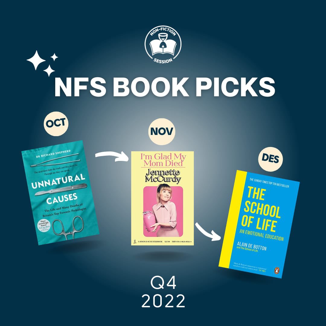 nonficsession's tweet photo. NFS Book Picks for Q4 2022 is here! 📚✨

Inilah tiga buku non-fiksi terpilih yang akan kita diskusikan dalam tiga sesi diskusi terakhir NFS di 2022.

Form pendaftaran sudah tersedia dan dapat segera diisi oleh NFS Friends. Let’s go! https://t.co/HYX7QRksHr
