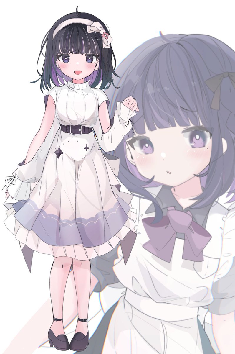 1girl bow black hair black footwear purple eyes hairband zoom layer  illustration images