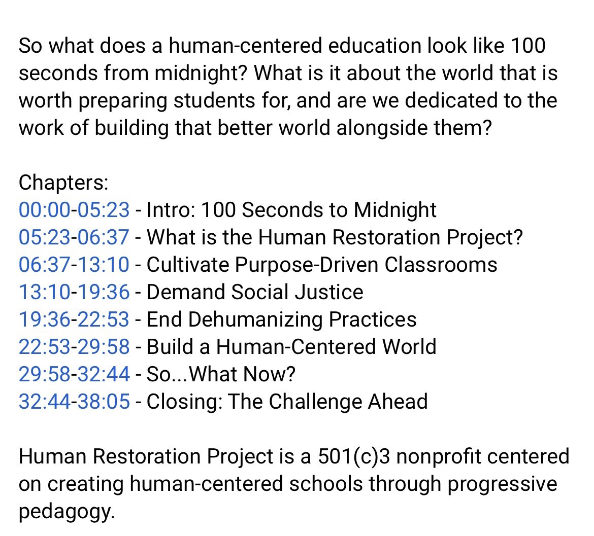 JuliaFliss's tweet photo. @HumResPro Ah, the gift of the chapter breakdown as I prepare to share β100 Seconds To Midnight: The Need for a Human-Centered Educationβ with my community.π₯ #100SecondsToMidnight #RestoreHumanity #WhatNow https://t.co/Df1HUvum2G