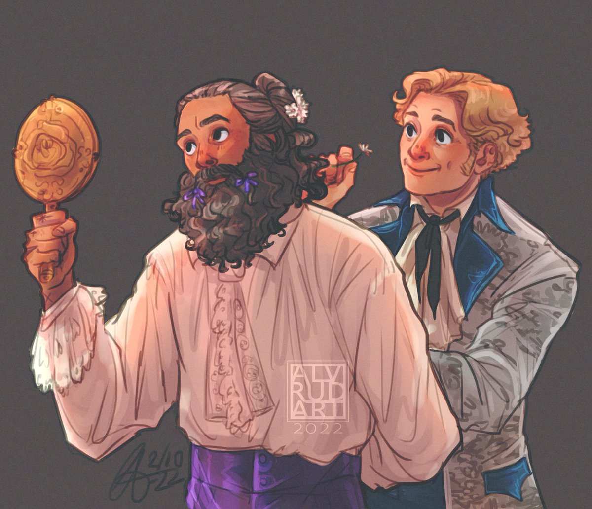 Ever since I saw the fancy party-episode, I've been wanting to draw Stede helping Ed get all dolled up.🎀🌼
I've got middle-aged pirates on the brain.

#ofmd #ourflagmeansdeath #thegentlemanpirate #stedebonnet #blackbeard #edwardteach