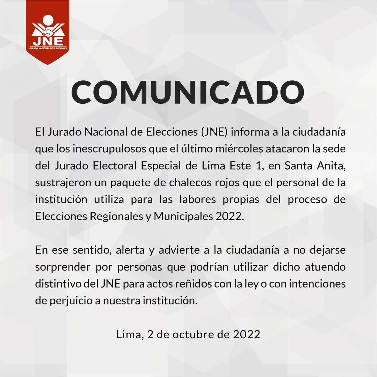 JNE_Peru's tweet photo. #ERM2022 | Comunicado del JNE https://t.co/c6EZE1ataZ