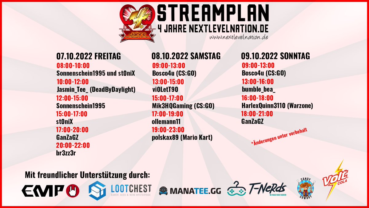 nextlvlnation's tweet photo. Aufgepasst❗️

Anlässlich unserem 4 jährigen Geburtstag, haben wir natürlich auch etwas vorbereitet ❗️😍

Es erwarten euch von 07-09.10.22 ab 8Uhr, tolle Streams auf unserem Twitchkanal mit Giveaways und ganz tatkräftige Unterstützung unserer Partner und natürlich Sponsoren! ❤️ https://t.co/E52SvJTXgJ