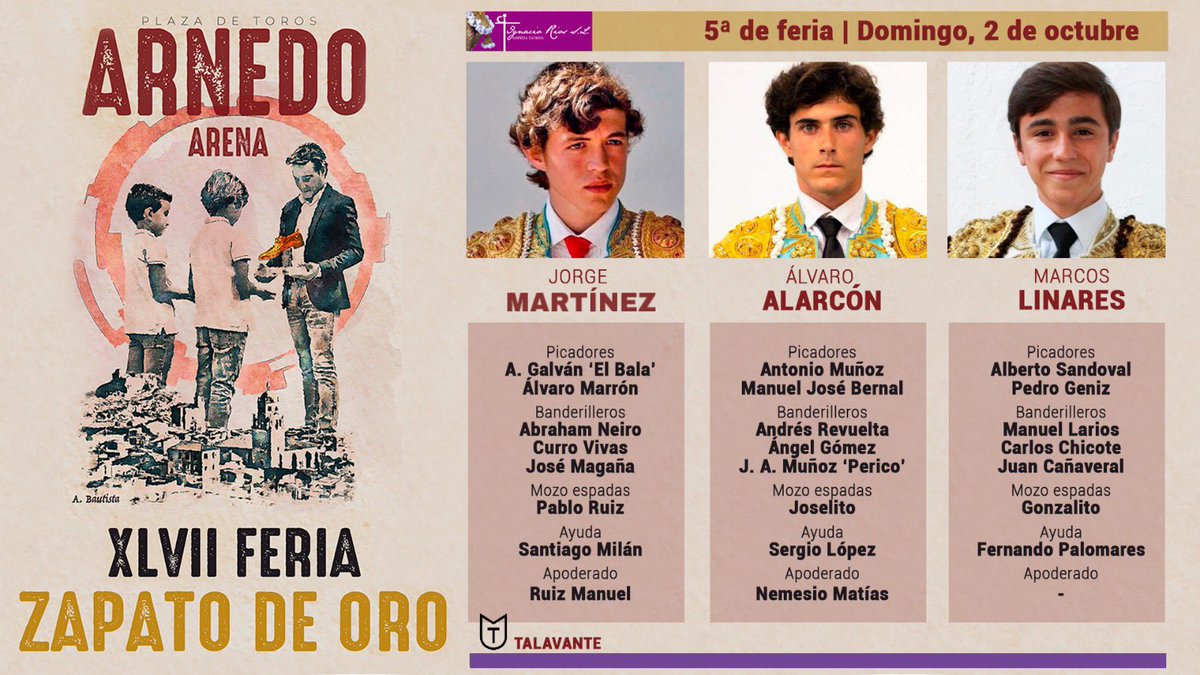 📌 Consulta las CUADRILLAS que acompañarán a Jorge Martínez , Alvaro Alarcón y Marcos Linares en la última cita del XLVII Zapato de Oro. 

Esta tarde, a las 17.30h, novillos de Talavante. 

📱TODA LA INFO | arnedotoros.es