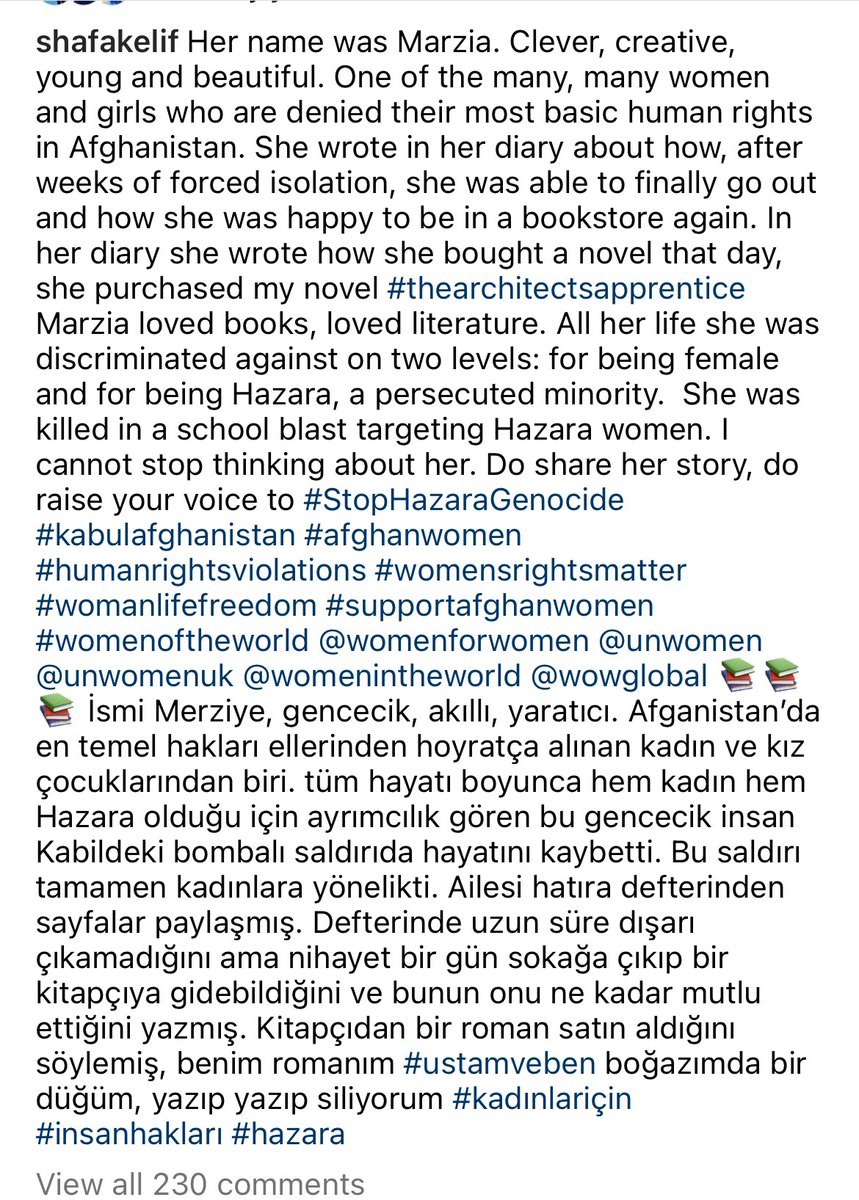 In solidarity with Hazaras Elif Shafak wrote about Marzia, one of Kaaj attack’s victims. In her diary Marzia wrote about her love for books and literature. The last book she bought was a novel by <a href="/Elif_Safak/">Elif Shafak</a> #StopHazaraGenocide