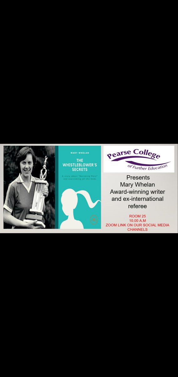 Pearse College (@pearsecollege) on Twitter photo We are delighted to welcome Mary Whelan Irelands first female referee to Pearse College this Wednesday to present about her award winning book
"The whistle-blowers secrets"
All welcome to attend in class or online
<a href="/EileenDaly6/">Eileen Davis</a> <a href="/JamesJClaffey/">James.J.Claffey 🧠 P.R.I.D.E Psych🧠</a> <a href="/TriciaOKeeffe/">Tricia O'Keeffe</a> We are delighted to welcome Mary Whelan Irelands first female referee to Pearse College this Wednesday to present about her award winning book
"The whistle-blowers secrets"
All welcome to attend in class or online
<a href="/EileenDaly6/">Eileen Davis</a> <a href="/JamesJClaffey/">James.J.Claffey 🧠 P.R.I.D.E Psych🧠</a> <a href="/TriciaOKeeffe/">Tricia O'Keeffe</a>