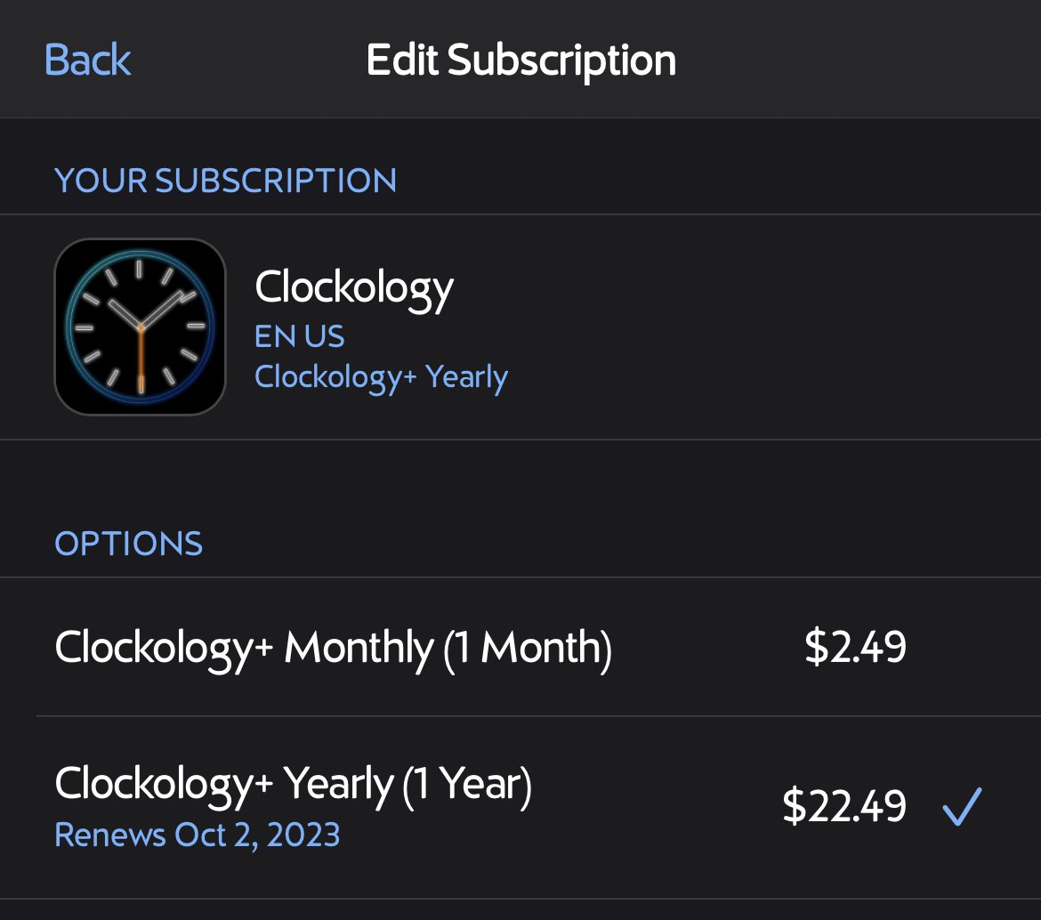 __r1ch4rd's tweet photo. @clockology I actually bought the yearly subscription twice. Once in July and the today (10/2/22.) The July subscription was deleted or something and I thought Clockology was having problems because of it. https://t.co/2Bojyjxzdy