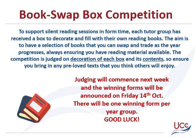 UCC_English's tweet photo. A reminder of the book-swap box competition that happening throughout the school! Get involved to be in with a chance of your form winning! @UCC_Rutland https://t.co/AhrsME6WfA