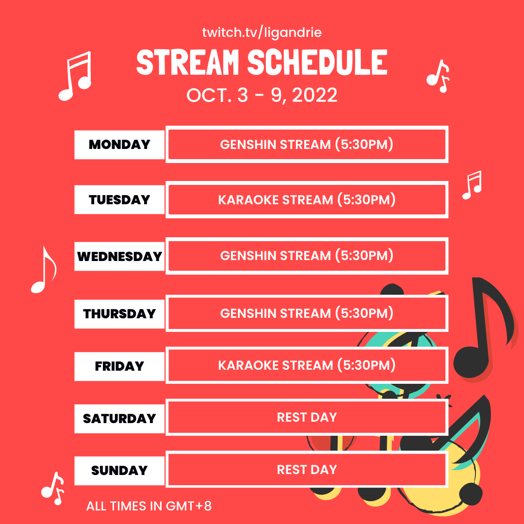 ligandrie's tweet photo. Here is my stream schedule for the upcoming week! 

Tuesday &amp; Friday - Karaoke/Acoustic Streams
Monday, Wednesday, &amp; Thursday- Genshin Streams

See you all ♥️ https://t.co/FH4Fqg40qR