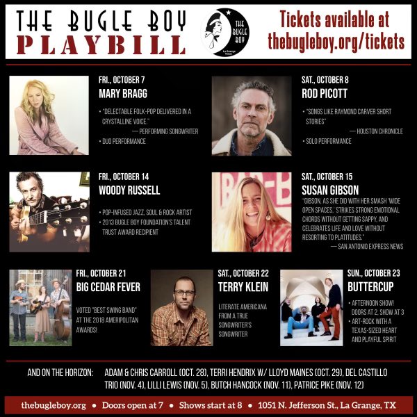 BugleBoyTX's tweet photo. Upcoming shows! @marybragg @RodPicott @woodyrussell @susangibson #bigcedarfever #terryklein #Buttercup Join us! https://t.co/5ihoVzlILi #lagrange #livemusic #listeningroom #roundtop https://t.co/uhgStO8QtU