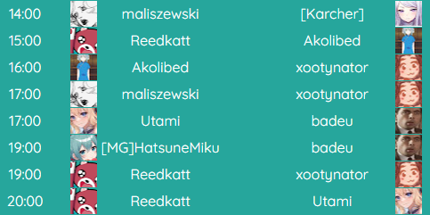 CircleCircuit_'s tweet photo. Sunday match schedules for the Circle Circuit Championships! Starting in 10 minutes with maliszewski vs [Karcher]

We are working on rescheduling two of the overlapping matches at 17 and 19utc🙏

https://t.co/VF7pyPoYEt https://t.co/J8Z7sWfgWc
