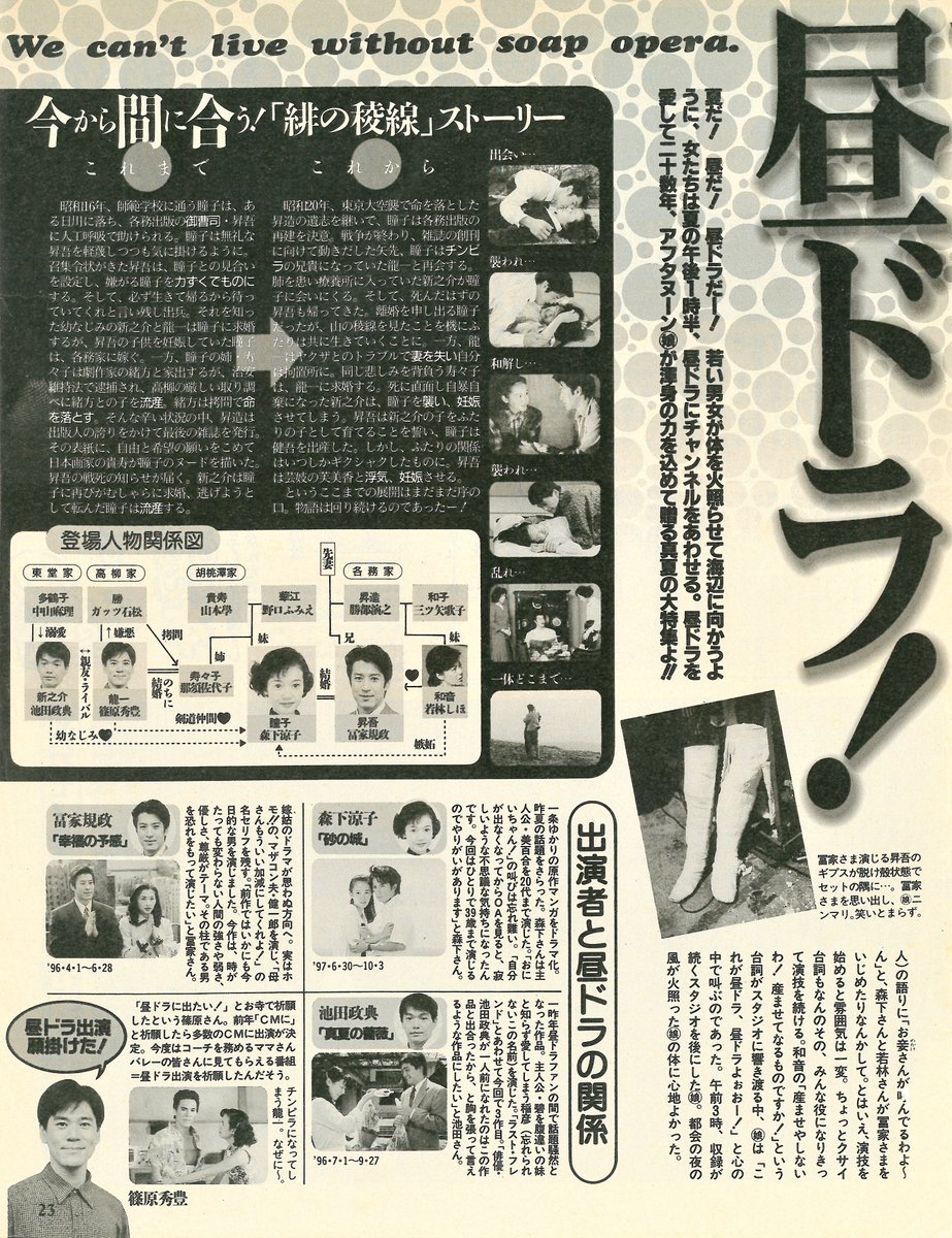 1998年6~7月頃にテレビ週刊情報誌に掲載された「夏は昼ドラ 最新作『緋の稜線』の現場におじゃま」の記事。

#緋の稜線 #森下涼子 #冨家規政 #若林しほ #三ツ矢歌子 #野口ふみえ #中山麻里 #池田政典 #篠原秀豊 #山本學