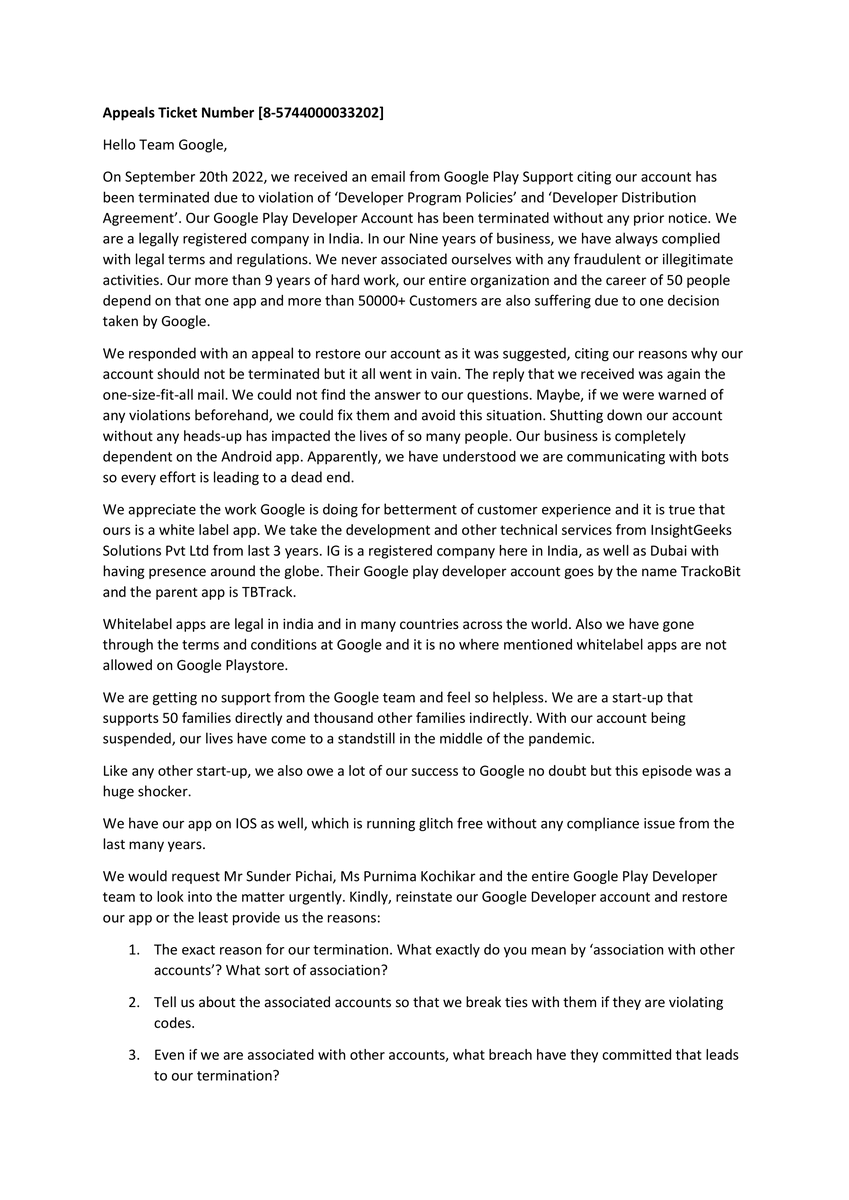 ManitSinglas's tweet image. My Google Play Dev A/c has been terminated suddenly without any prior notice/reasoning!Plz see the pic below
Plz help me reinstate my Play Store a/c. We are a budding startup,want urgent HELP!!
Ticket ID: [8-5744000033202] @googledevs @purnimakochikar @karthiktwit @sundarpichai