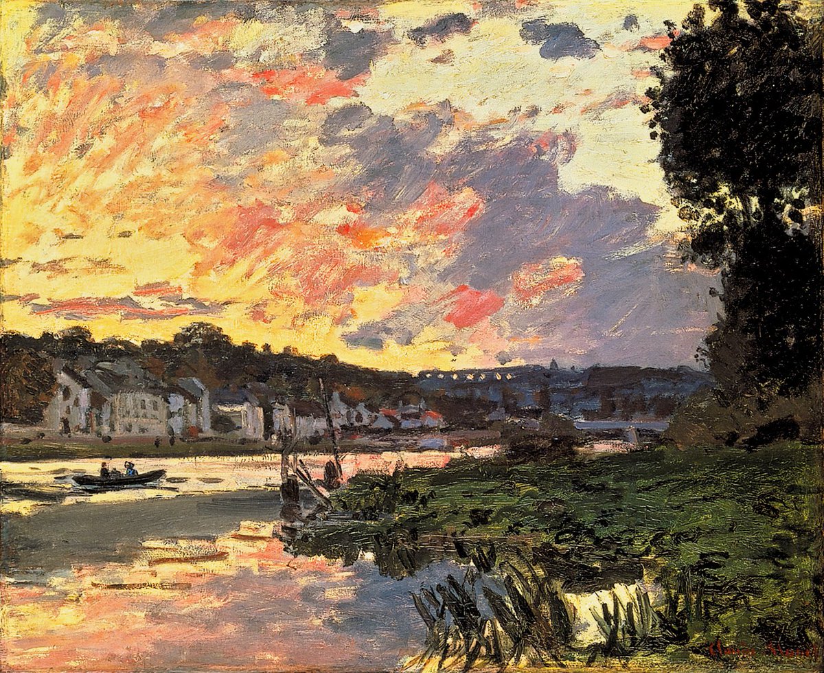 The Seine at Bougival in the Evening, 1869 #claudemonet #monet wikiart.org/en/claude-mone…