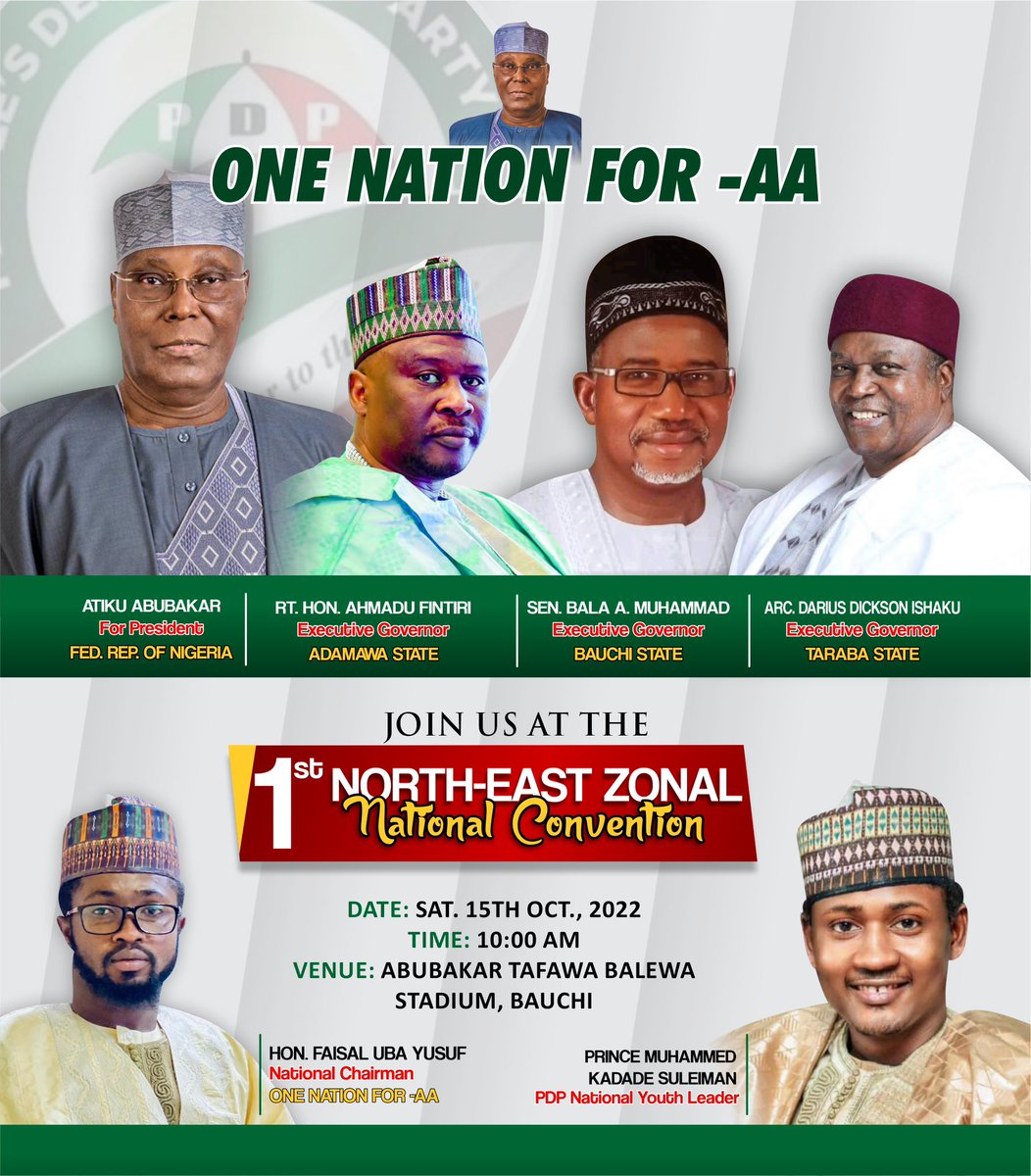 FaisalUbaYusuf3's tweet photo. OFFICIAL INVITE TO EVERYONE IN THE NORTHEASTERN REGION OF OUR GREAT COUNTRY. We must make our country great again #Atiku #onenationforaa https://t.co/4zFWQYIlKM