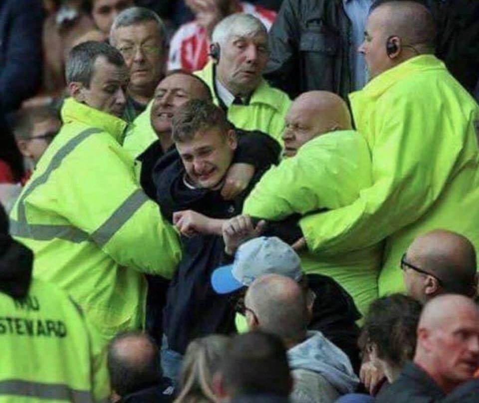 FootballFunnnys's tweet photo. Disgusting scenes at the Etihad as stewards force United fans to stay and watch the game... https://t.co/bSvZuduCiA