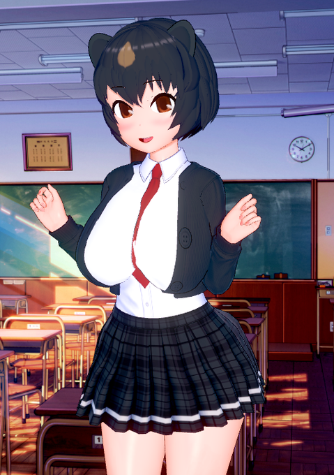 ニホンツキノワグマの違う服装を作ってみました。 左上から制服、体操着、水着、サークル服です。外出着はどんなものにするかまだ決めていません。 