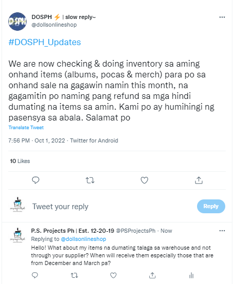 PSProjectsPh's tweet photo. Hello, everyone! I'm writing to update you on the SMCU and Callin albums that are delayed. Me and a couple of people have taken action and went to the barangay of the owners of DOSPH Pasabuy / Dolls Online Shop last Sept 14 investigate what's taking this so long.
(1/6) https://t.co/ss5XHDnb2B