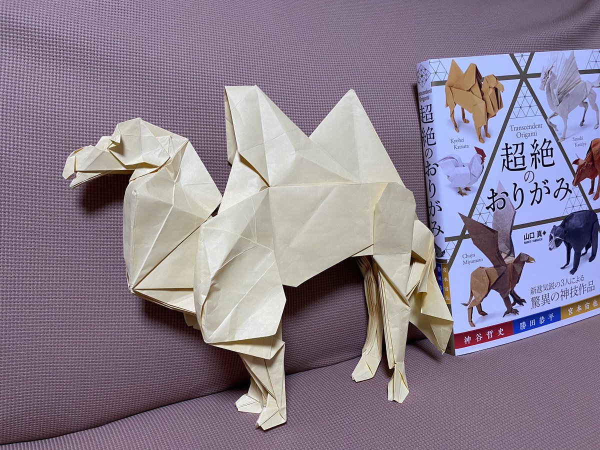 超絶のおりがみ　より
勝田恭平さん創作
「フタコブラクダ」

昨日夜中に息子の部屋からガサゴソと音がしていたと思ったら、こんなに大きなラクダが誕生しました🐫

#折り紙作品 
#超絶のおりがみチャレンジ