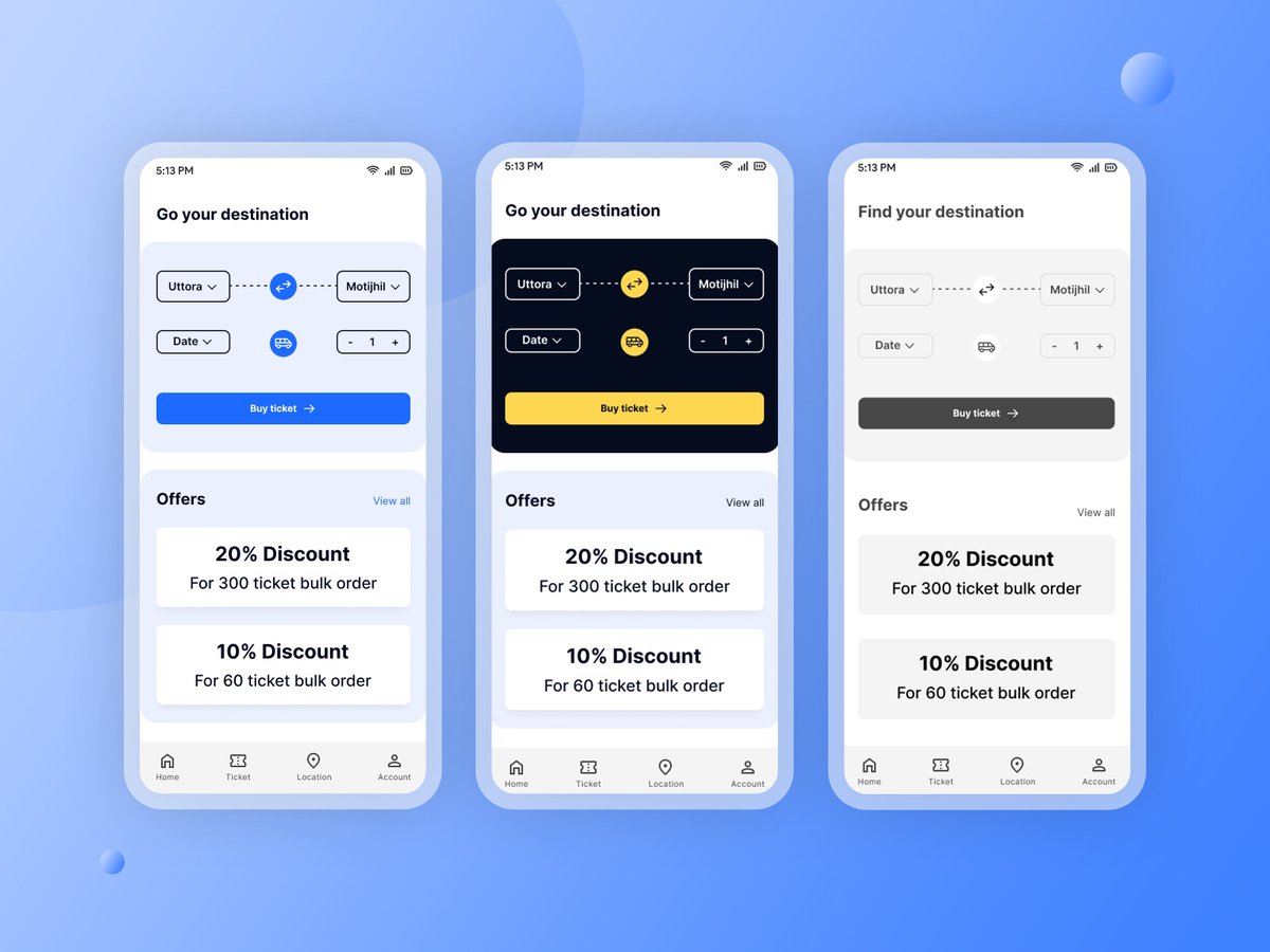 Different versions of new bus ticketing mobile UI Design. Which color looks minimal? 

#UX #HCD