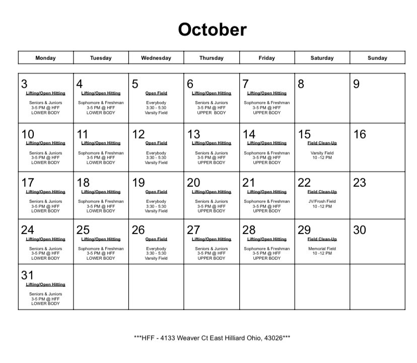 TIME TO GET TO WORK! Check out the October calendar for off-season workouts and open hitting details ⚾️ 📧 Email Coach Starling with questions
