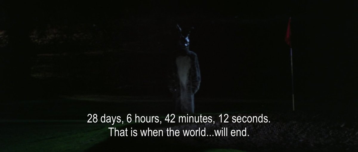 todayonscreen's tweet image. Today, October 2, Virginia teen Donnie Darko sleepwalks to a hallucinatory meeting with Frank, a figure in a monster-like rabbit costume. Frank tells Donnie that the world will end in 28 days, 6 hours, 42 minutes and 12 seconds (Donnie Darko, 2001, dir. @JRichardKelly)
