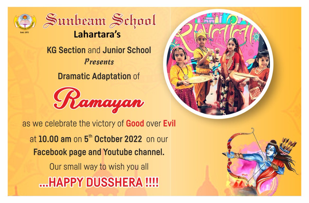 SLahartara's tweet photo. Stay tuned to witness the celebration of victory over evil..
Watch the KG Section and Junior School presenting the dramatic adaptation of #Ramayana only on our Facebook page and YouTube channel!!!
.
.
#SunbeamLahartaraCelebrates
#DussehraCelebration
#JuniorSchool
#KGSection https://t.co/gH7jPB2IgQ