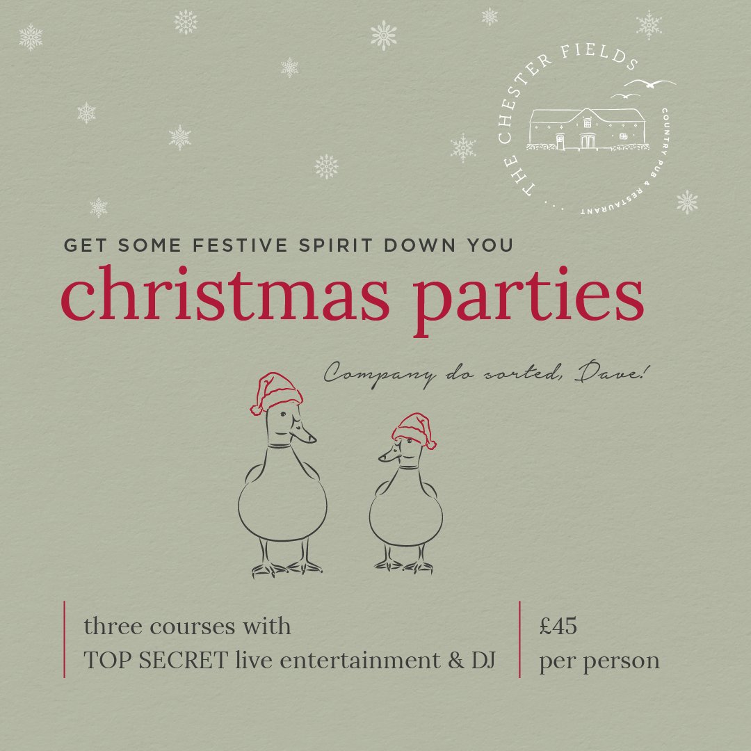 It’s just 12 weeks to Christmas TODAY! Whether you’re planning a Christmas get together for your nearest and dearest, a big bash with the extended family, or an office party to remember, get your festive feasts booked in now!

Get all the details here 👉 thechesterfields.co.uk/book-christmas…